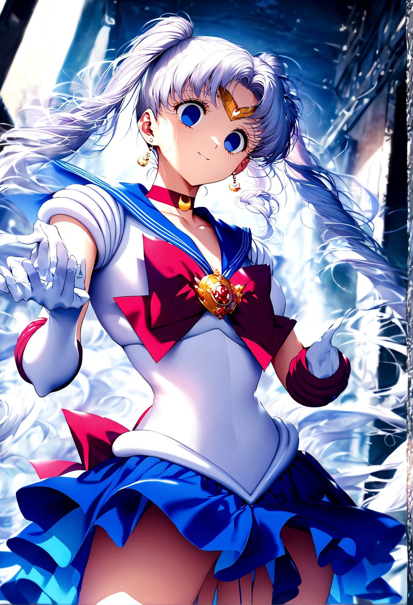 (masterpiece, Highest quality, so beautiful, Super detailed), Intricate details, 12K, Honestly, Long Hair, Double Bang, Twin tails, Parted bangs, tiara, Earrings, blue eyes, Red choker, Blue sailor collar, Red Bow, White shirt, Elbow hand pockets, White gloves, Blue Skirt, Are standing, Cowboy Shot,,evil smile, 1girl,(Silver Hair:1.4),(empty eyes,:1.4),from below,looking dawn,