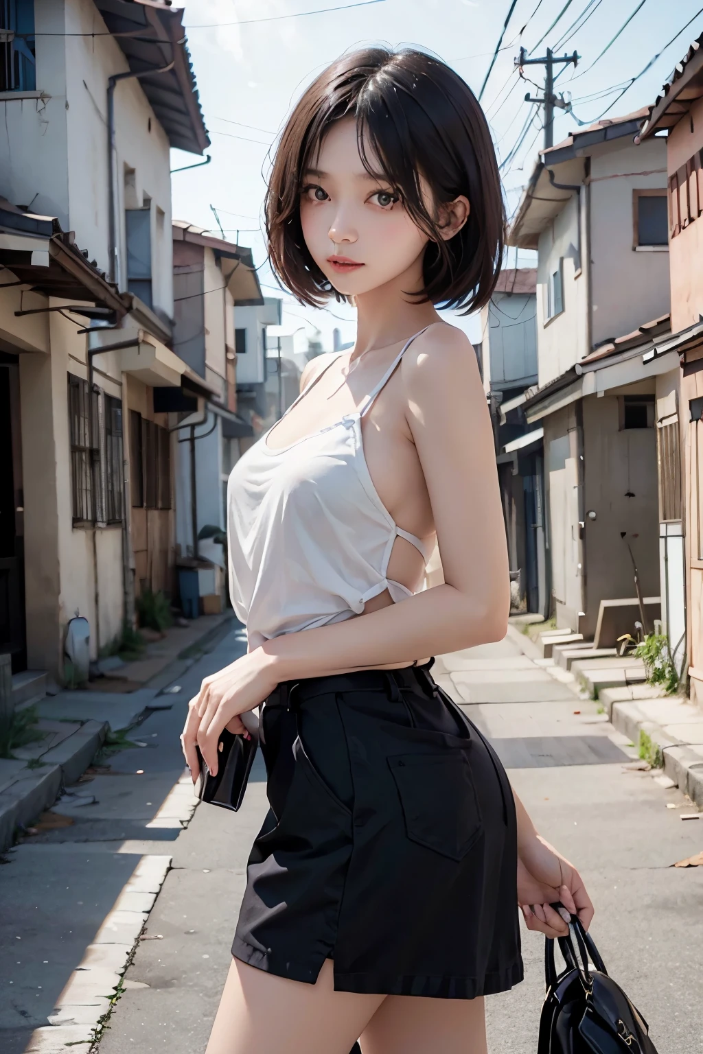 Beautiful woman. Twenties. Black hair. She is looking at the camera with a serious expression. Behind her is a dark, deserted residential area. A slightly eerie atmosphere.