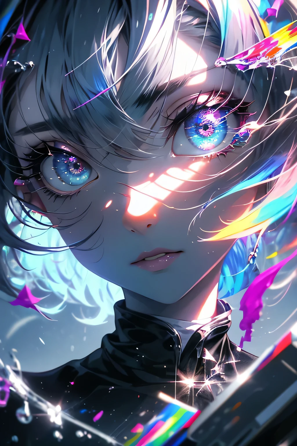 1girl,solo,cool,silver hair,colorful,paint,upper body focus,perfect face,face is  for painting,purple eye,brilliant eye,vivid eye,darkness