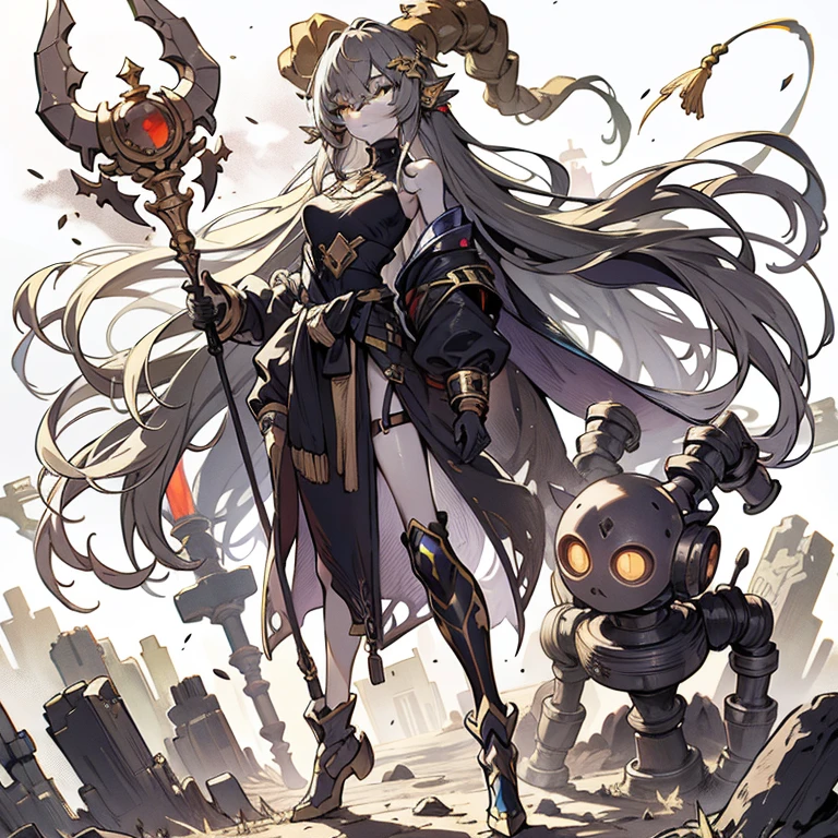 (Masterpiece, top quality), (perfect athlete body: 1.2), (detailed hair), super detailed, anime style, full body, solo, Cyberpunk stone wizard girl, accompanied by a small golem attendant, pale black skin, Ancient ethnic costumes, stone horns growing out of head, very long shining gold hair and gold eyes, strange stone tools, wearing long boots, standing wasteland, white background, full body,