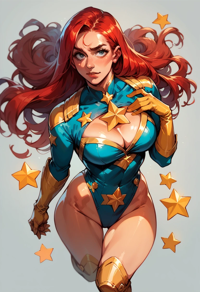masterpiece,Sexy, Superheroine, Red hair, long hair, busty, ((blue highleg leotard with a t-back thong and a gold star insignia on chest)), gold boots, gold gloves, curvy, ((cleavage cutout)), anime