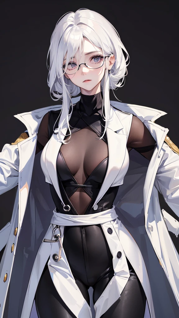 Photograph of the upper body of a beautiful woman, , [see through] ,(black pants:1.47),(Wear a white coat:1.47) (big breasts), (small waist, perfect body), Sharp focus, (tall body, mature woman), ((Looking ahead)), (Highly detailed skin, hair follicles:1.4,white skin) (Long white hair tied half-way down.,purple eyes) wear glasses, (Looks embarrassed.) ,doctor