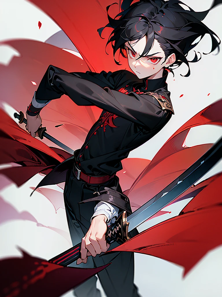 (((masterpiece))),(((best quality))),(((extremely detailed))),illustration,4k, boy 15-year-old male, black hair, bright scarlet eyes, hateful gaze, serious face, dark aura, sword embedded in the ground, black blade with red details, white background, looking at the viewer.