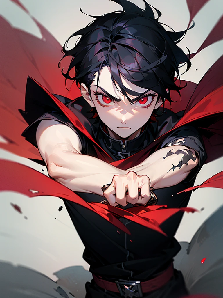(((masterpiece))),(((best quality))),(((extremely detailed))),illustration,4k, boy 15-year-old male, black hair, bright scarlet eyes, hateful gaze, serious face, dark aura, sword embedded in the ground, black blade with red details, white background, looking at the viewer.