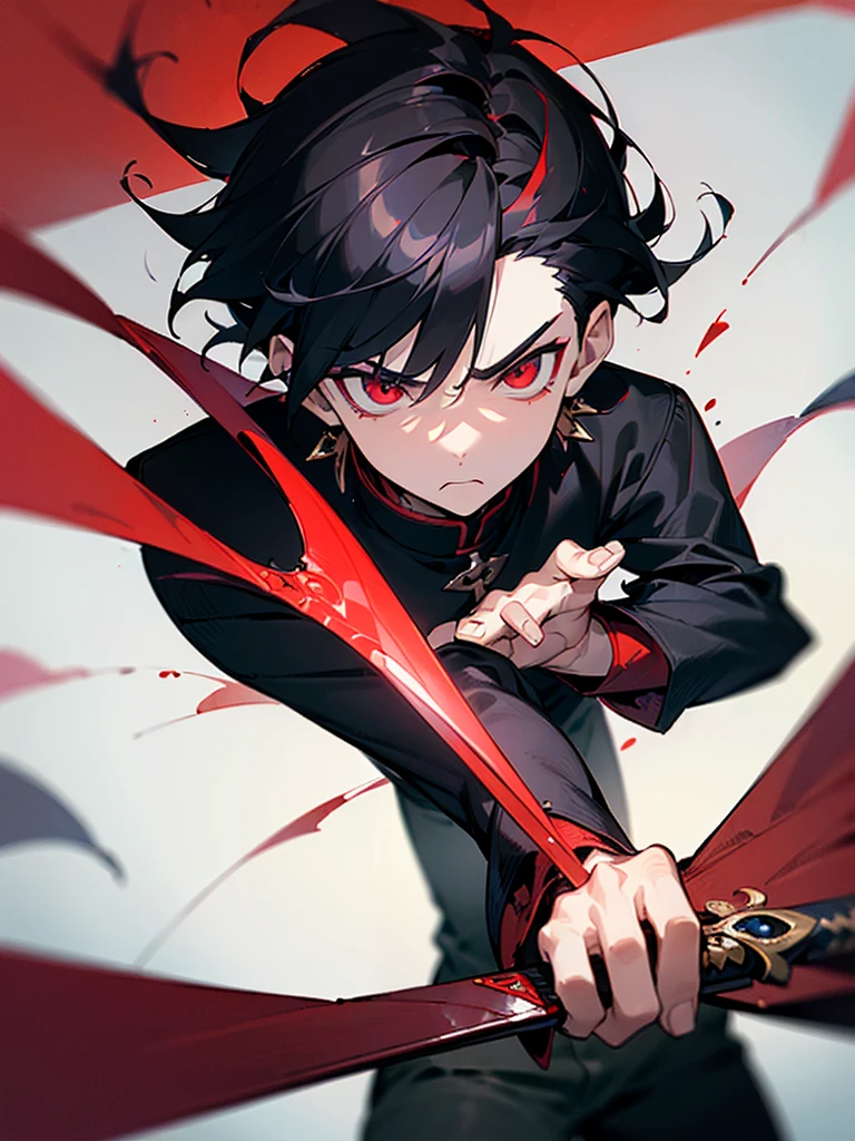 (((masterpiece))),(((best quality))),(((extremely detailed))),illustration,4k, boy -yeld ma black hair, bright scarlet eyes, hateful gaze, serious face, dark aura, sword embedded in the ground, black blade with red details, white background, looking at the viewer.




