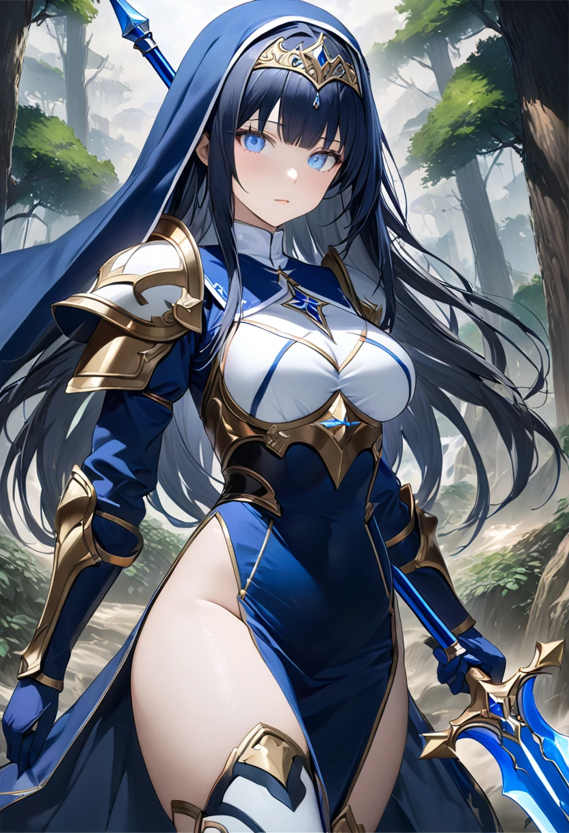 Highest quality、unity 8k wallpaper、32k、masterpiece、Very detailed、Ultra-high resolution、Very detailedな顔, RAW Photos, Professional, Ultra-fine painting、Midnight blue long straight hair、Platinum tiara with blue gemstones、Blue Nun Cape、blue eyes、(Tree Eyes), Cool and sharp features, hime cut, 20～A female magical warrior, about 24 years old.、White and gold breastplate、Blue and white leotard、(((Blue and white gold-embellished long pencil skirt with side armor and long slits)))、Half puff sleeves with shoulder pads、A large white ribbon with a large sapphire on the chest、White and blue long gloves、(((White and blue thigh-high stiletto boots:1.0)))、whole body、He has a spear with a glowing blue blade,