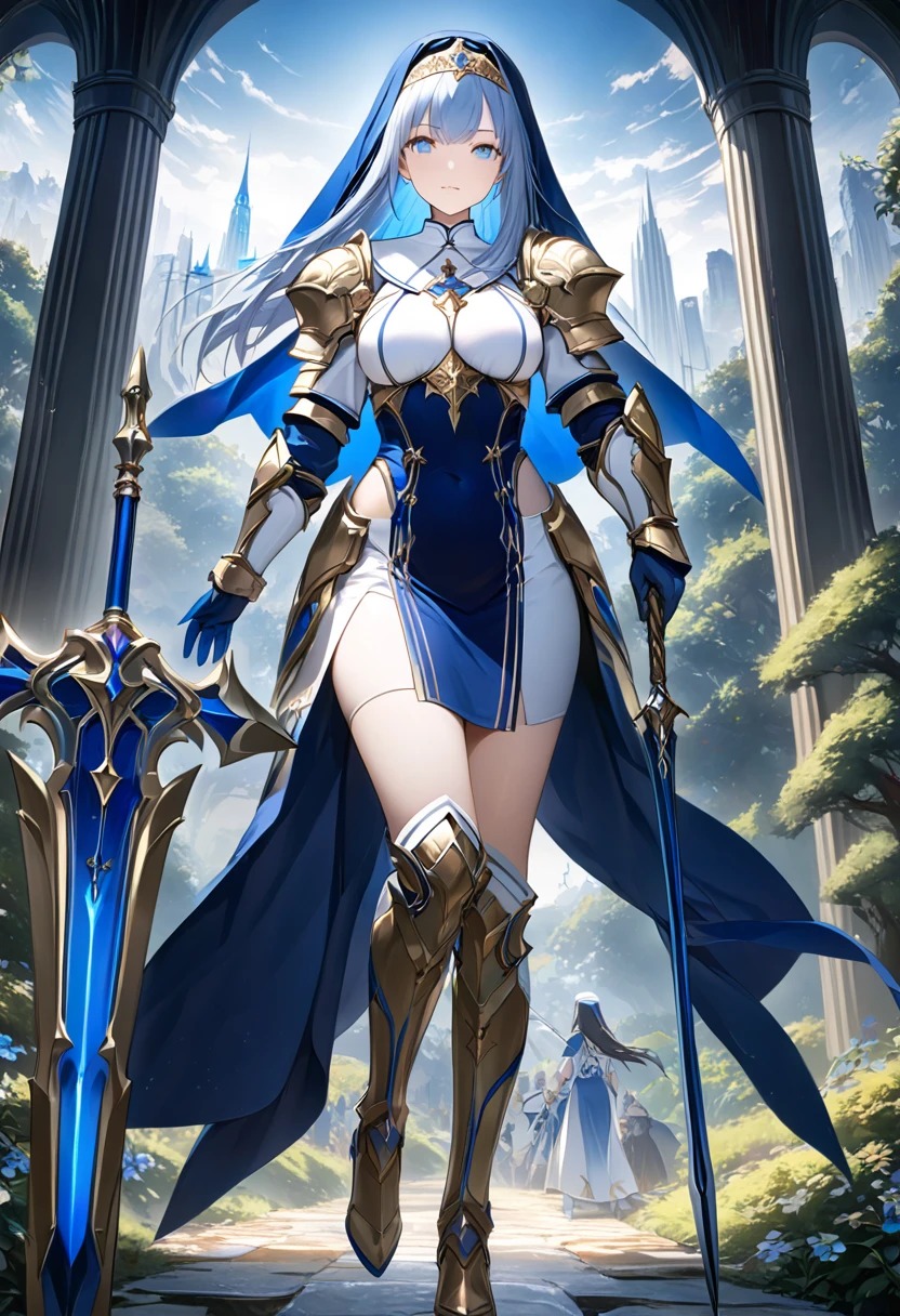 Highest quality、unity 8k wallpaper、32k、masterpiece、Very detailed、Ultra-high resolution、Very detailedな顔, RAW Photos, Professional, Ultra-fine painting、Midnight blue long straight hair、Platinum tiara with blue gemstones、Blue Nun Cape、blue eyes、(Tree Eyes), Cool and sharp features, hime cut, 20～A female magical warrior, about 24 years old.、White and gold breastplate、Blue and white leotard、(((Blue and white gold-embellished long pencil skirt with side armor and long slits)))、Half puff sleeves with shoulder pads、A large white ribbon with a large sapphire on the chest、White and blue long gloves、(((White and blue thigh-high stiletto boots:1.0)))、whole body、He has a spear with a glowing blue blade,