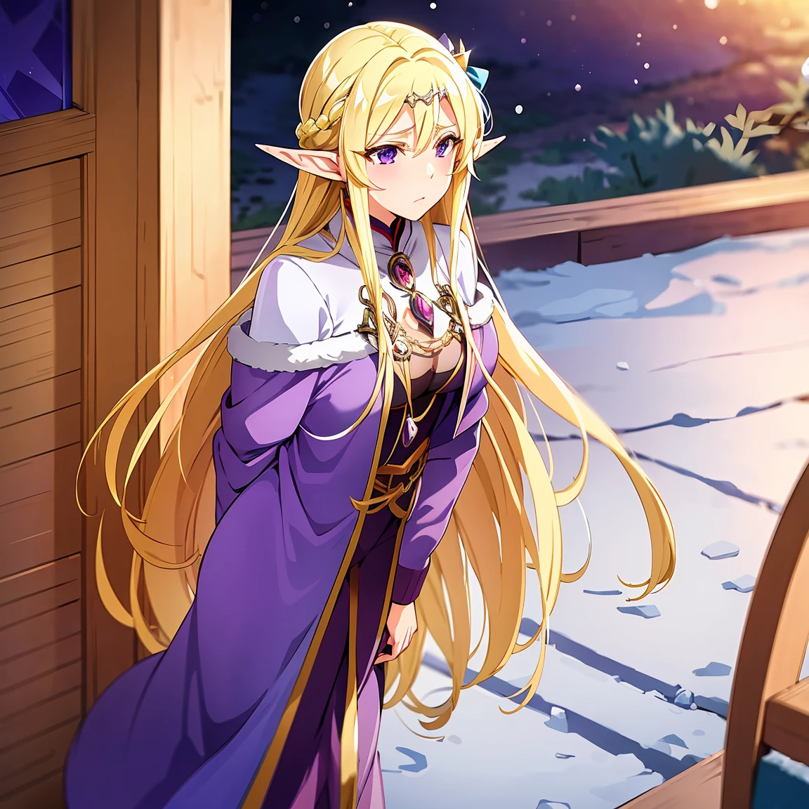 
Anime woman, Elf, pointy ears, long blonde hair, purple eyes, sassy expression, gold crown with blue pendant, winter outfit, blue coat, snow, ice