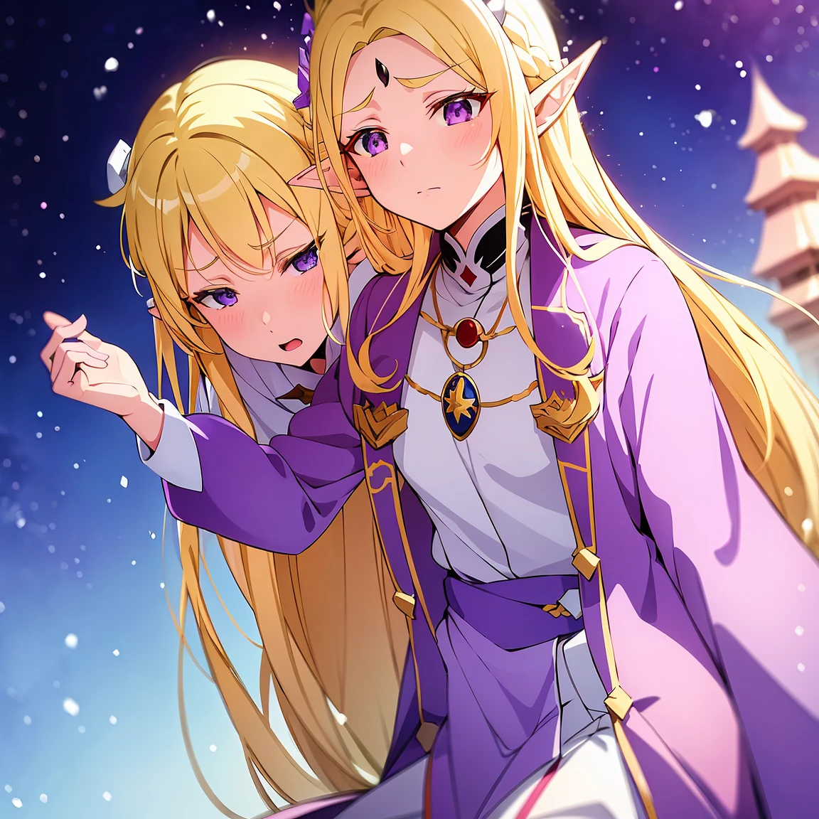 
Anime woman, Elf, pointy ears, long blonde hair, purple eyes, sassy expression, gold crown with blue pendant, winter outfit, blue coat, snow, ice