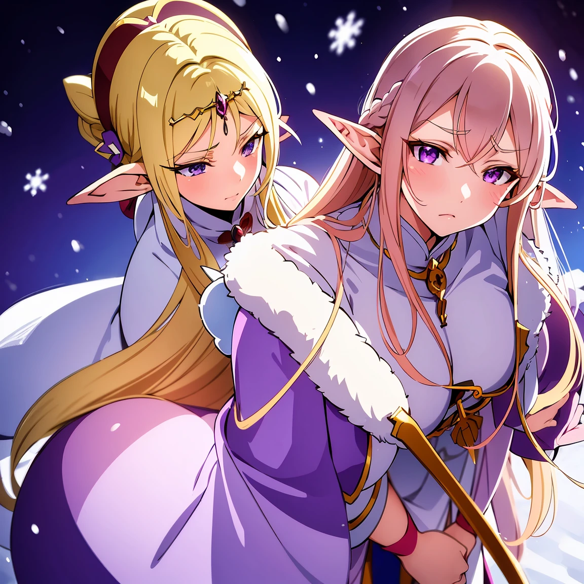 
Anime woman, Elf, pointy ears, long blonde hair, purple eyes, sassy expression, gold crown with blue pendant, winter outfit, blue coat, snow, ice