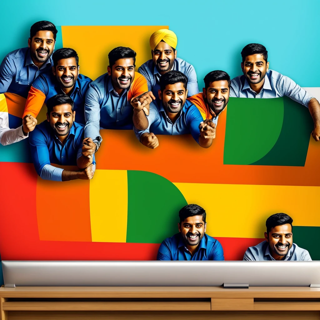 Aap pic of 3 guys which watching TV match in sitting their cheeks have Indian flag drawer and there is a bright up emotions and all are happy and excited 