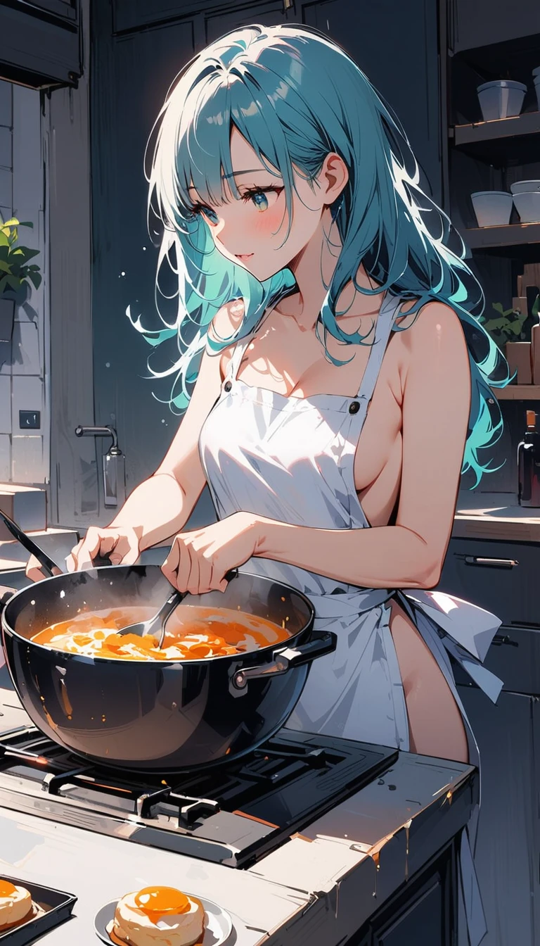A naked woman wearing only a white kitchen apron cooking in a kitchen.