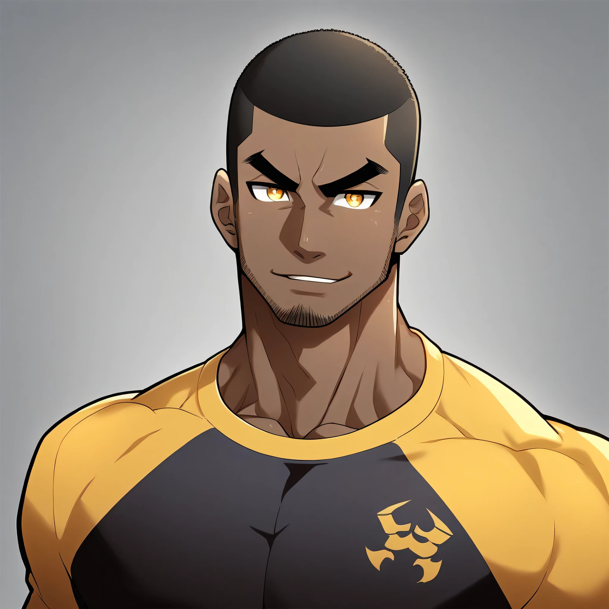 anime characters:Gyee, Young Muscle Sports Student, negro black skin, Buzz Cut, Manliness, male focus, Dark yellow long sleeve tight T-shirt, Slightly transparent texture, Very tight, Slightly transparent, muscular male, muscular, only, Upper body, alone, Black short hair, Thick eyebrows, stubble, Yellow eyes, Grey background, simple background, amazing quality, best aesthetics, Ridiculous, bright pupils, crew cut, parted lips, seductive smile, torogao, naughty face, best quality