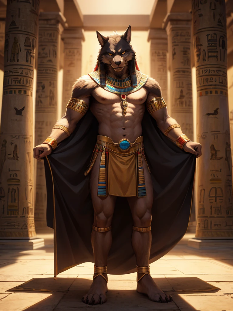 Hyperdetailed, photorealistic, furry, anthro, werewolf, boy, Egyptian, full body pose, standing, Egyptian cloth, masterpiece, raw photo, 8k 