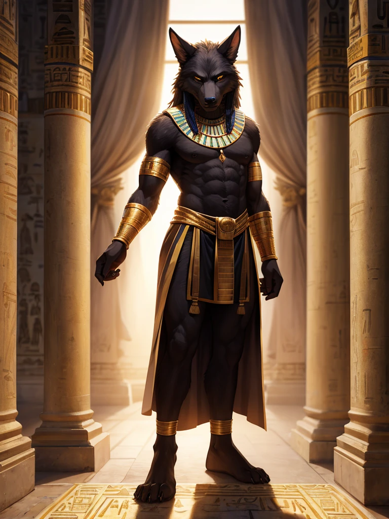 Hyperdetailed, photorealistic, furry, anthro, werewolf, boy, Egyptian, full body pose, standing, Egyptian cloth, masterpiece, raw photo, 8k 