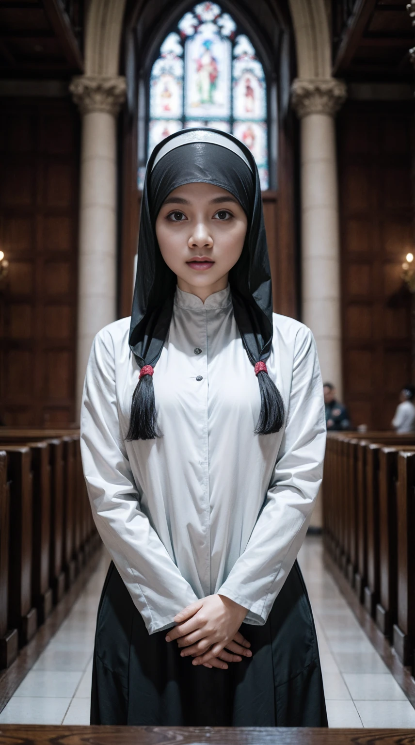 （（（Nuns wearing nun dresses and nun caps in church））），（（Clothing that exposes））Clothes and skin are soaked all over，Glowing skin，Sweaty skin，Works of masters，Best image quality，Higher quality，high detal，Ultra-high resolution，8K resolution，perfect hand，full body shot shot，Exquisite facial features，s the perfect face，（Reality：1.4），