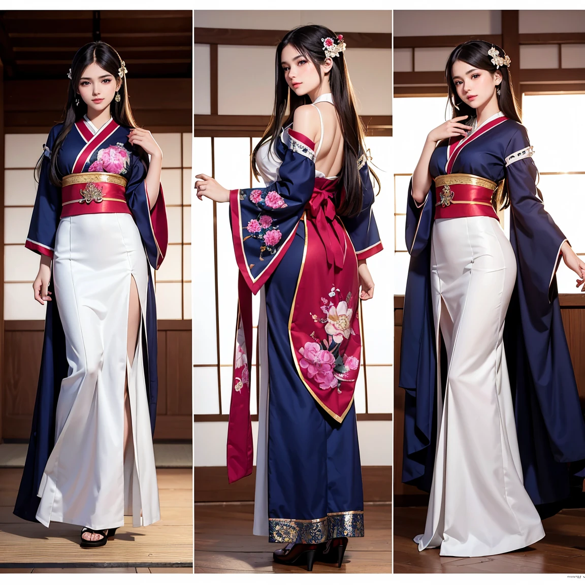 (masterpiece, best quality), ultra detailed, high resolution, 16k, the most beautiful face in the world, perfect face, delicate facial features, highly detailed beautiful face and eyes, shiny skin, highly detailed background, elaborately designed, fine cloth texture, BREAK, (gorgeous and stunning teenage girl in Japanese clothes:1.2), perfect make-up, deeply in love, full of elegance, (full body:1.5), (three view drawing, front and back and side, character sheet:1.3)