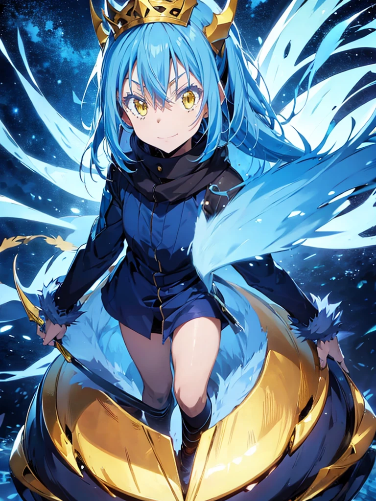 Rimuru Tempest in Demon King mode, long blue fur, golden eyes, Well defined face, anime masterpiece