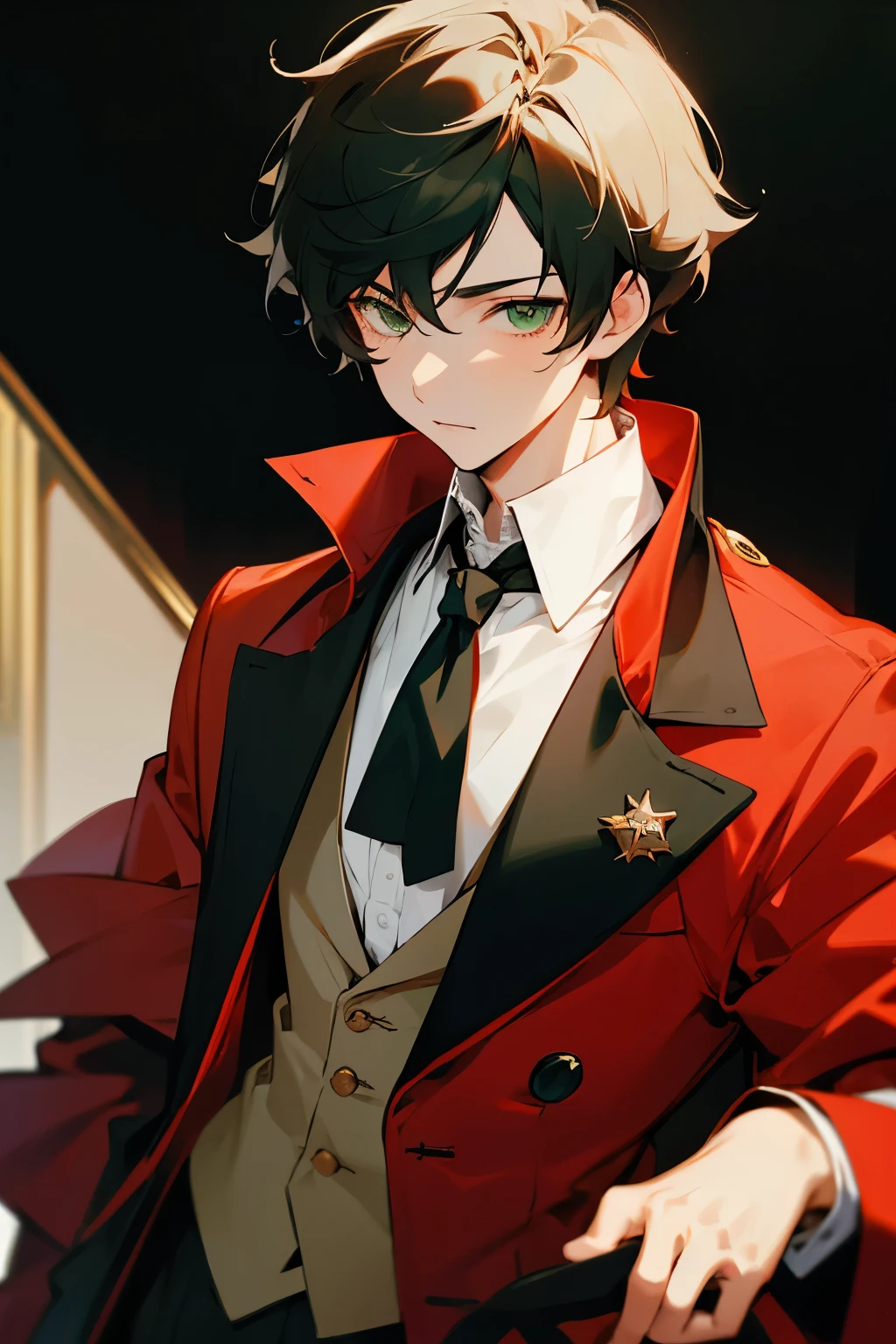 boy, an aristocrat, black short hair, green eyes, high, Red jacket, White shirt