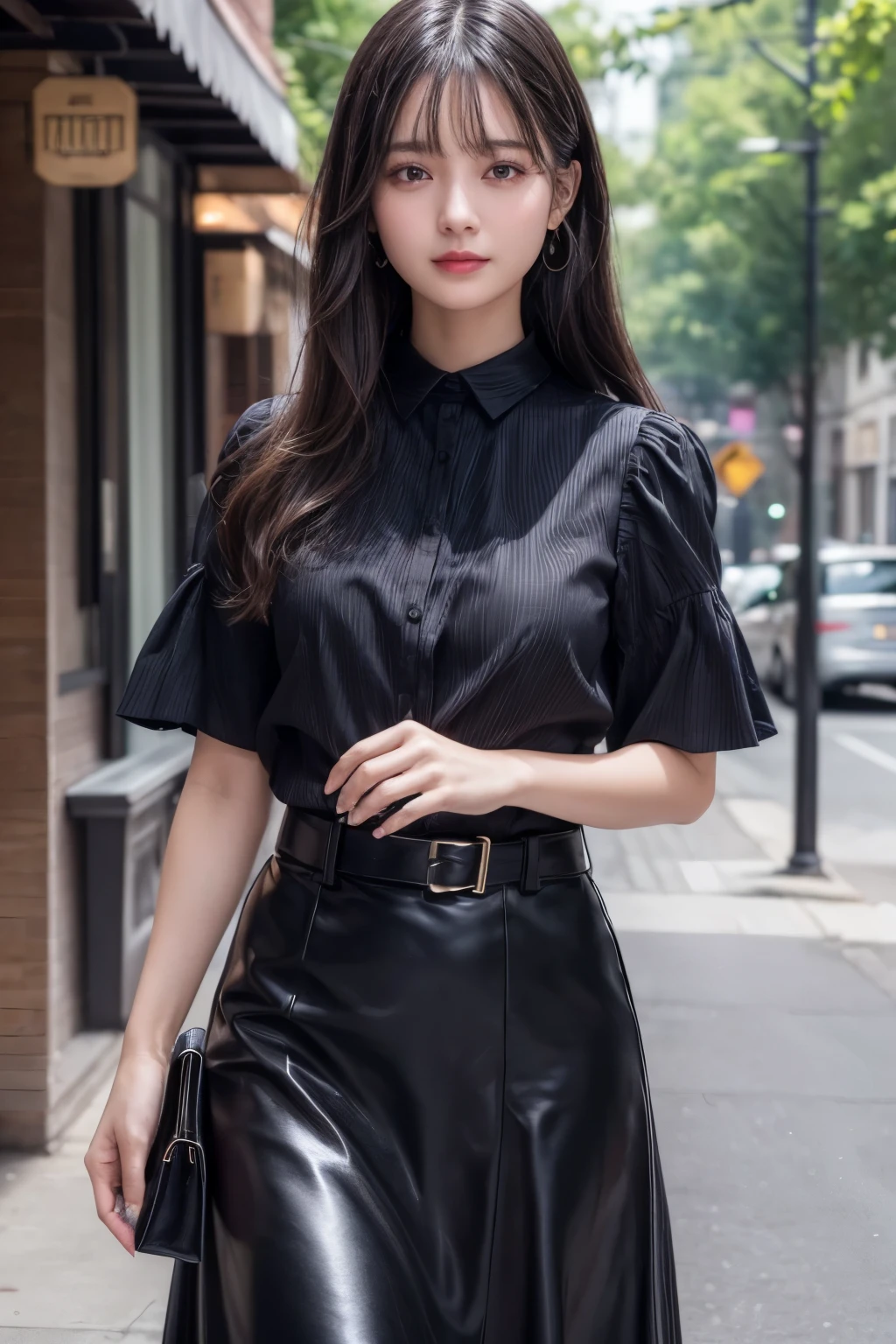 ((Best image quality、8K、masterpiece:1.3))、Realistic high-quality photos、Highest quality、Beautiful and graceful face and eyes、Black Hair、Shiny Hair、 OL、Wearing a short-sleeved blouse、Wear a long skirt、Full Body Shot.