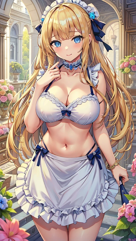 Masterpiece、Highest quality、Super detailed、1 girl、(Big Tits)、Fluffy and soft long hair、Blue Eyes、Cleavage、((Underboobを見せる))、smile、Too big soft breasts、Blonde、Underboob、Underboob、Underboob、Breasts spilling out、Naked with an apron