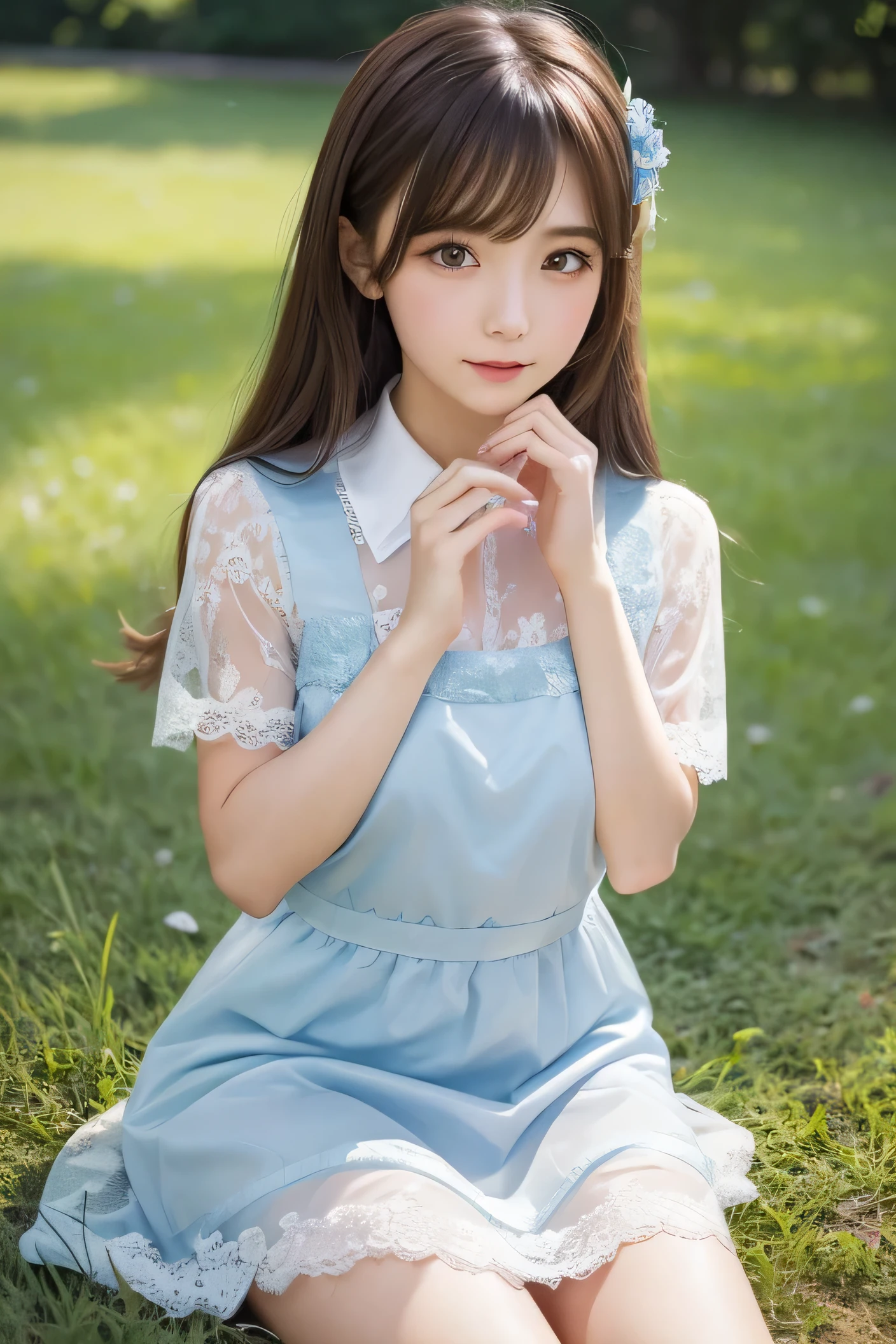 anime girl sitting in grass with her hand on her chin, beautiful anime portrait, beautiful anime girl, pretty anime girl, cute anime girl, anime visual of a cute girl, portrait anime girl, digital anime art, cute anime girl portrait, beautiful anime, portrait of cute anime girl, attractive anime girl, beautiful anime woman, cute natural anime face, young anime girl, bokeh background, transparent lace outfits, sheer lace outfits, white lace dress, She pulls at the hem of her own lace dress, revealing the prim white collared lace shirt and lacenavy blue pinafore.