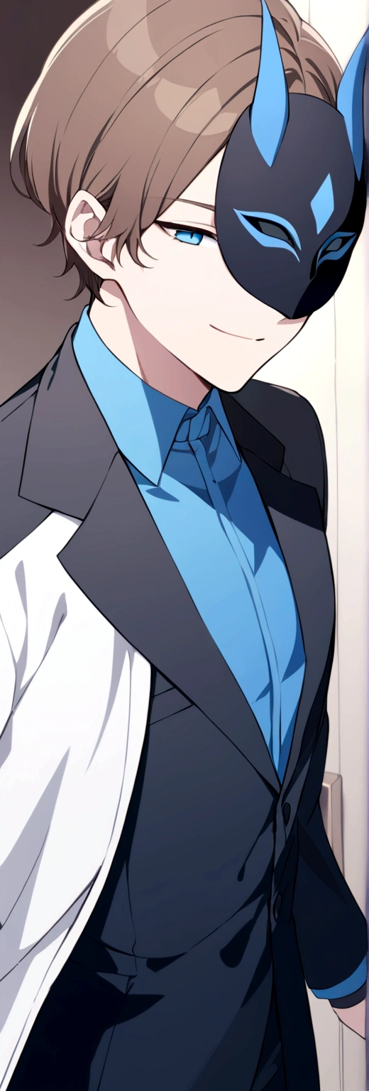 (man in half smile mask on the left side )(blue color)(blue eyes) brown hair)(blue horns)(Dressed in black)(Short haired)(alone)