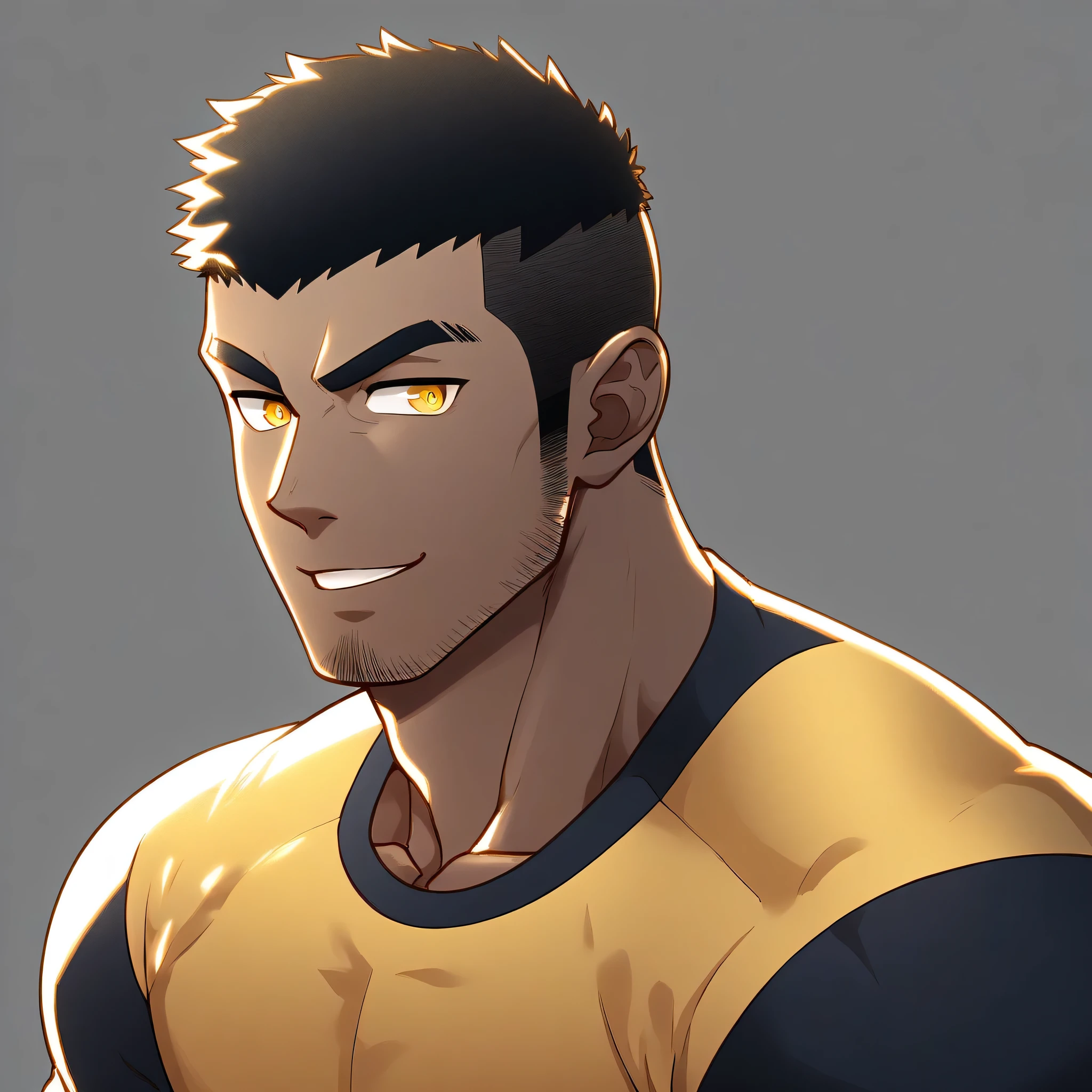 anime characters：Gyee, Young Muscle Sports Student, negro black skin, Buzz Cut, Manliness, male focus, Dark yellow long sleeve tight T-shirt, Slightly transparent texture, Very tight, Slightly transparent, muscular male, muscular, only, Upper body, alone, Black short hair, Thick eyebrows, stubble, Yellow eyes, Grey background, simple background, amazing quality, best aesthetics, Ridiculous, bright pupils, crew cut, parted lips, seductive smile, torogao, naughty face, best quality