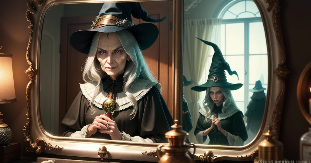 An evil witch holding a shining magic silver mirror 