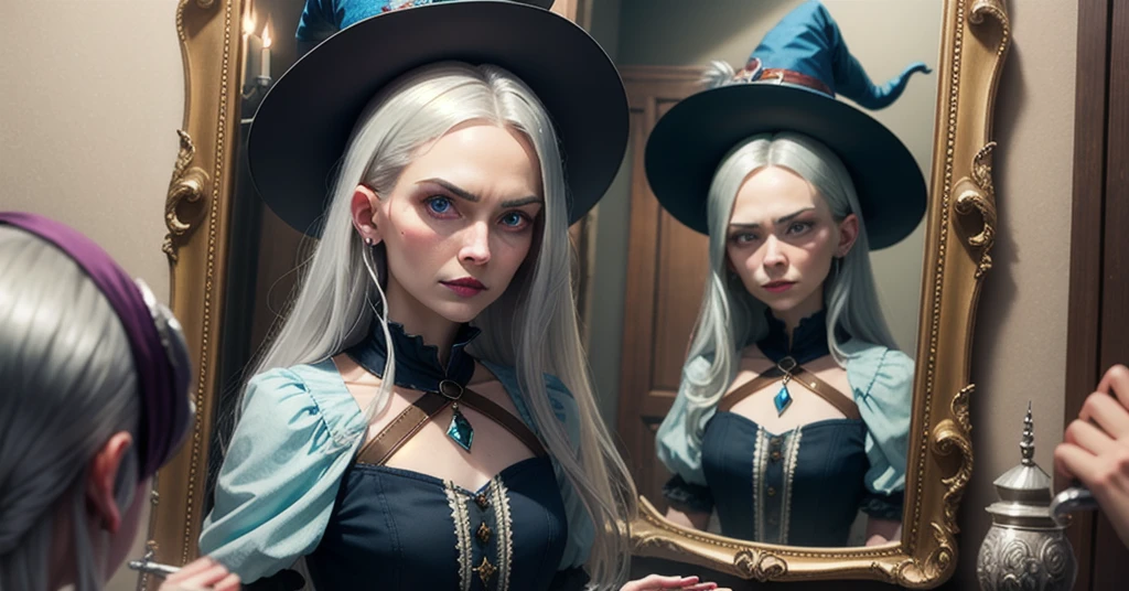 An evil witch holding a shining magic silver mirror