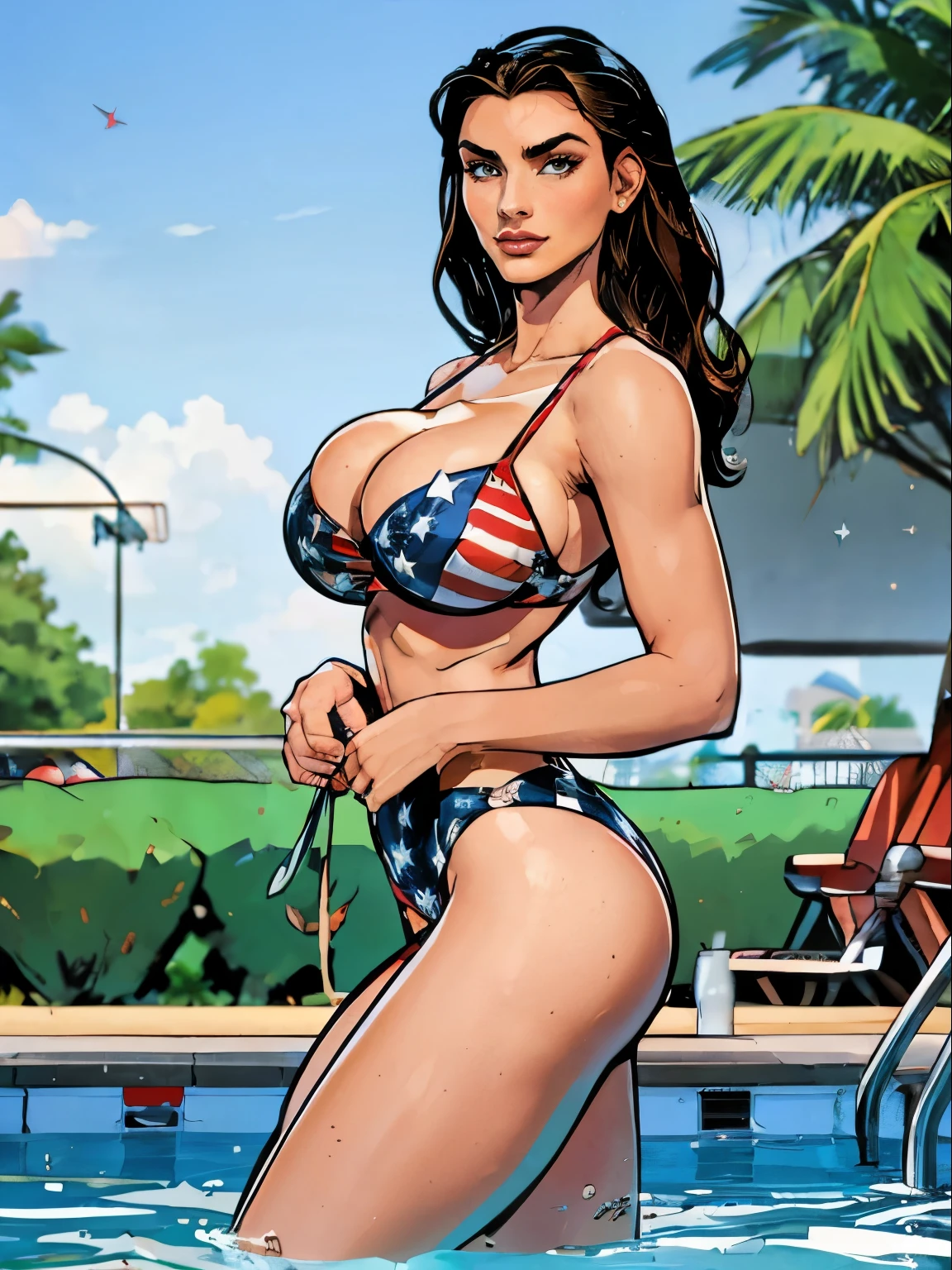 Gorgeous and sultry busty athletic (thin) brunette (smirking) with sharp facial features and a ((long), slicked-back hair) and (huge , long legs) wearing a star-spangled American flag print bikini, Americana, swimming pool.