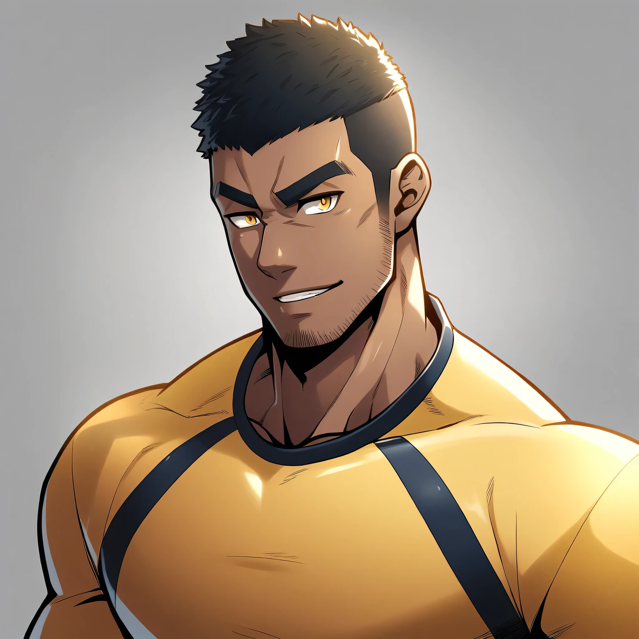 anime characters：Gyee, Young Muscle Sports Student, negro black skin, Buzz Cut, Manliness, male focus, Dark yellow long sleeve tight T-shirt, Slightly transparent texture, Very tight, Slightly transparent, muscular male, muscular, only, Upper body, alone, Black short hair, Thick eyebrows, stubble, Yellow eyes, Grey background, simple background, amazing quality, best aesthetics, Ridiculous, bright pupils, crew cut, parted lips, seductive smile, torogao, naughty face, best quality