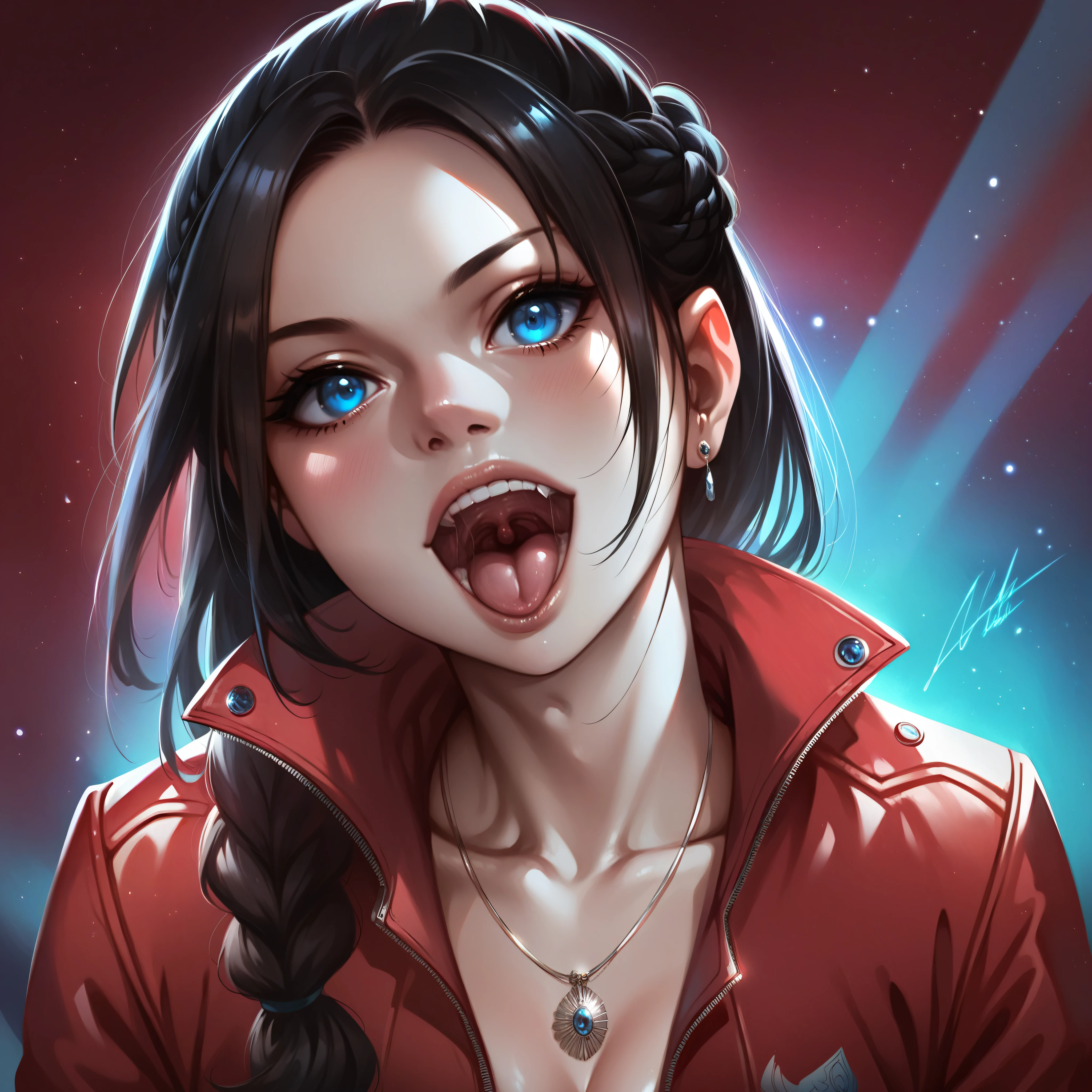 score_9, score_8_up, score_7_up, Claire redfield,  jewelry, black hair, blue eyes, red jacket, jacket, necklace, long hair, braid, realistic, upper body, looking at viewer, detailed mouth, mesmerizing mouth, high definition mouth, focus on mouth, best quality, detailed, absurd resolution, absurd detail, intricate details, vibrant colors, ultra-realistic, open mouth,