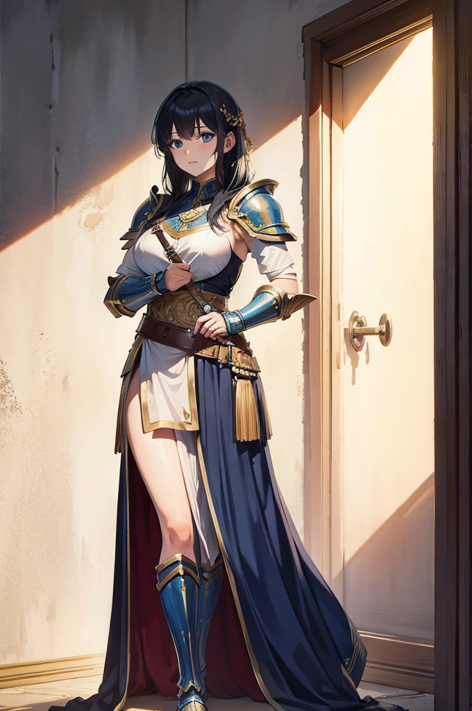 a beautiful Greek warrior standing guard at a door, Greek warrior, ancient Greece, classical Greece, hoplite, warrior woman, short skirt, light armor, black hair, blue eyes