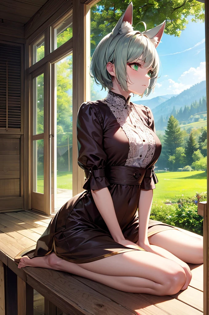 masterpiece, Highest quality,Super detailed,Hyper Details, cinematic Light,, One girl, alone, sit, Outdoor, Summer House, sitting in the Summer House,  plant, table, chandelier, Candles, Wind, Green Eyes, Pan Green Silver Hair, short hair, animal_ears, animal_ear_Fluff, Floating Hair, Light, Light frown, profile,View your viewers, dynamic_angle