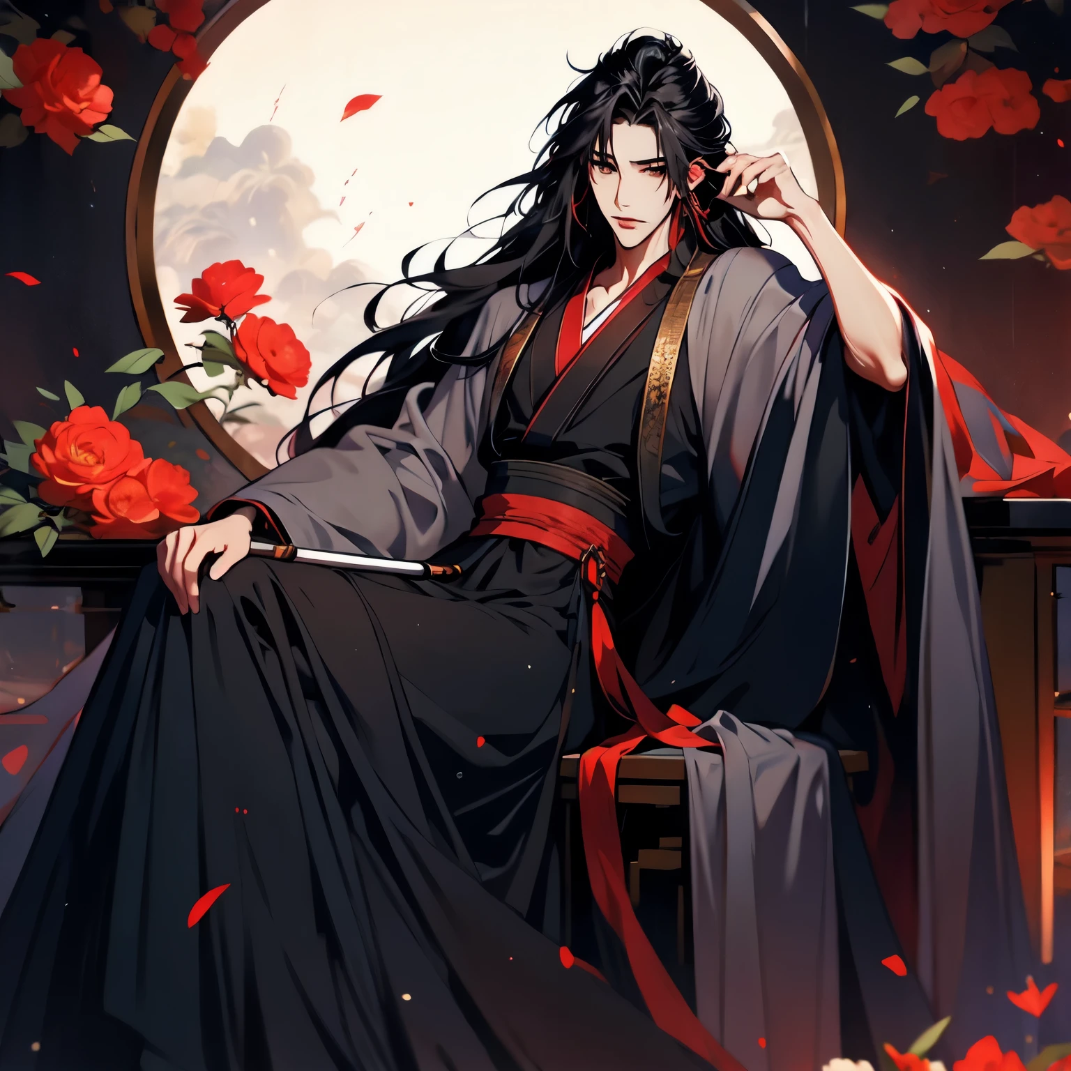 (masterpiece, best quality:1.2), 1male, solo, wei wuxian, mo dao zu shi, mdzs, black clothes, grey eyes, long black hair, perfect anatomy, full body, Acacia flowers