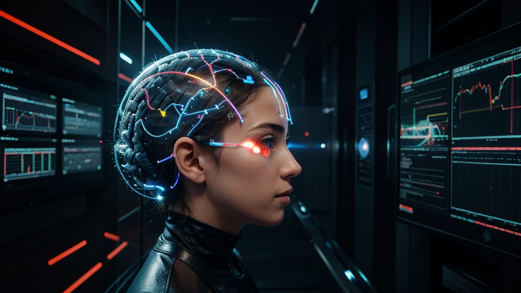 A detailed illustration of a human brain with a small, high-tech chip implanted into it. The brain's neural pathways are illuminated with glowing lines, connecting to the chip. In front of the brain, a transparent holographic screen displays intricate stock market charts, numerical data, and analytical graphs. The brain appears highly focused, with digital signals emanating from the chip, indicating rapid data processing. The background features a sleek, futuristic setting with more holographic displays and high-tech equipment, creating an atmosphere of advanced technology and intense intellectual activity