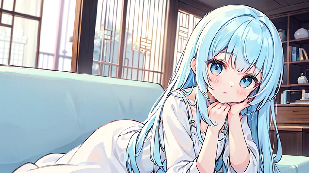 Light blue hair、Light blue eyes、Long Hair、Cute、Young、aloneの、Wearing a white dress、Sitting on the sofa、Looking at me、Face is close、alone