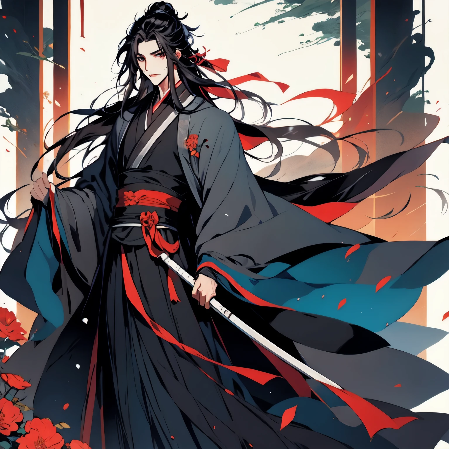 (masterpiece, best quality:1.2), 1male, solo, wei wuxian, mo dao zu shi, mdzs, black clothes, grey eyes, long black hair, perfect anatomy, full body, Acacia flowers
