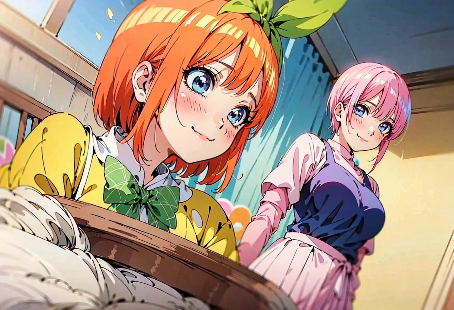 [Nakano ichika, nakano_ichika, aaichika, short pink hair] teasing smile, smug face, blue eyes, best quality)), extremely fine and beautiful, super fine illustration, top-quality、Official art、Beautifully Aesthetic:、vivid colours、colourful, HD Detail, Ultra Detail, soft Light, magical photography, intricate details, , sfw, , indigo eyes, masterpiece, 4k, ultradetailed,