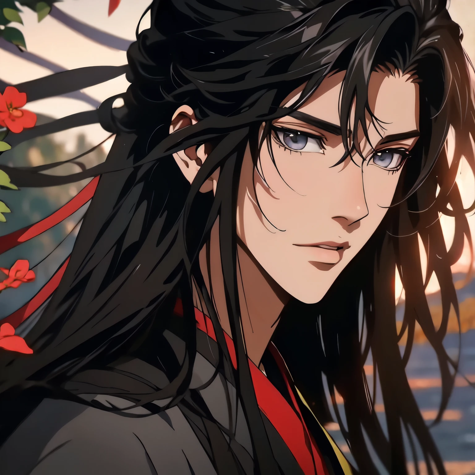 (masterpiece, best quality:1.2), 1male, solo, wei wuxian, mo dao zu shi, mdzs, black clothes, grey eyes, long black hair, perfect anatomy, full body, Acacia flowers