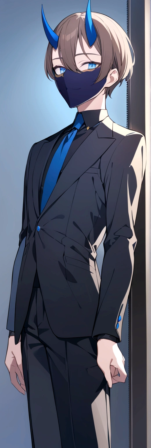 (man in half smile mask on the left side )(blue color)(blue eyes) brown hair)(blue horns)(Dressed in black)(Short haired)(alone)
