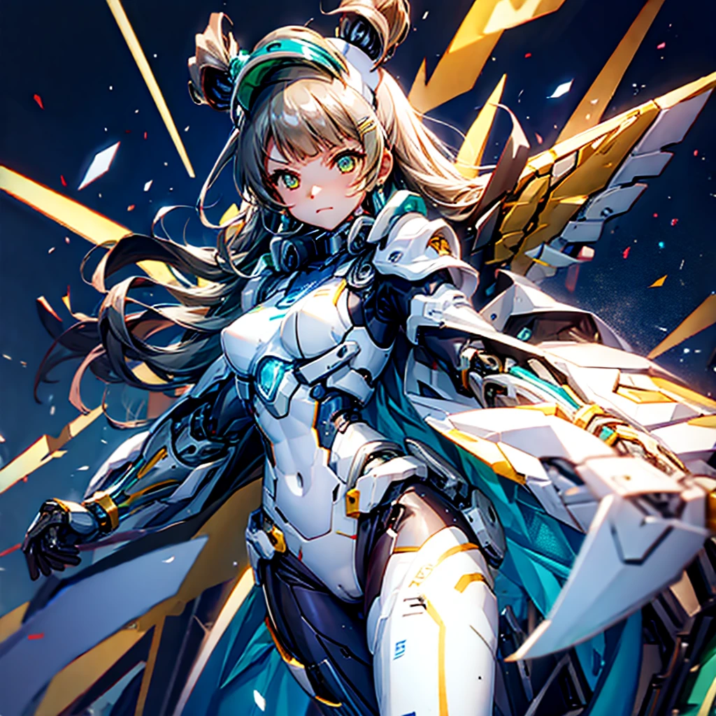 masterpiece, high quality, Cyborgization、Gynoid Cyborg Body、The face is of Minami Kotori.、mechanical parts、Blue and white leotard armor、solo focus、Single image、from front, full body、Mechabare、damage、Precision machinery is exposed all over the body、The armor in the crotch area opens up to reveal the refueling parts.