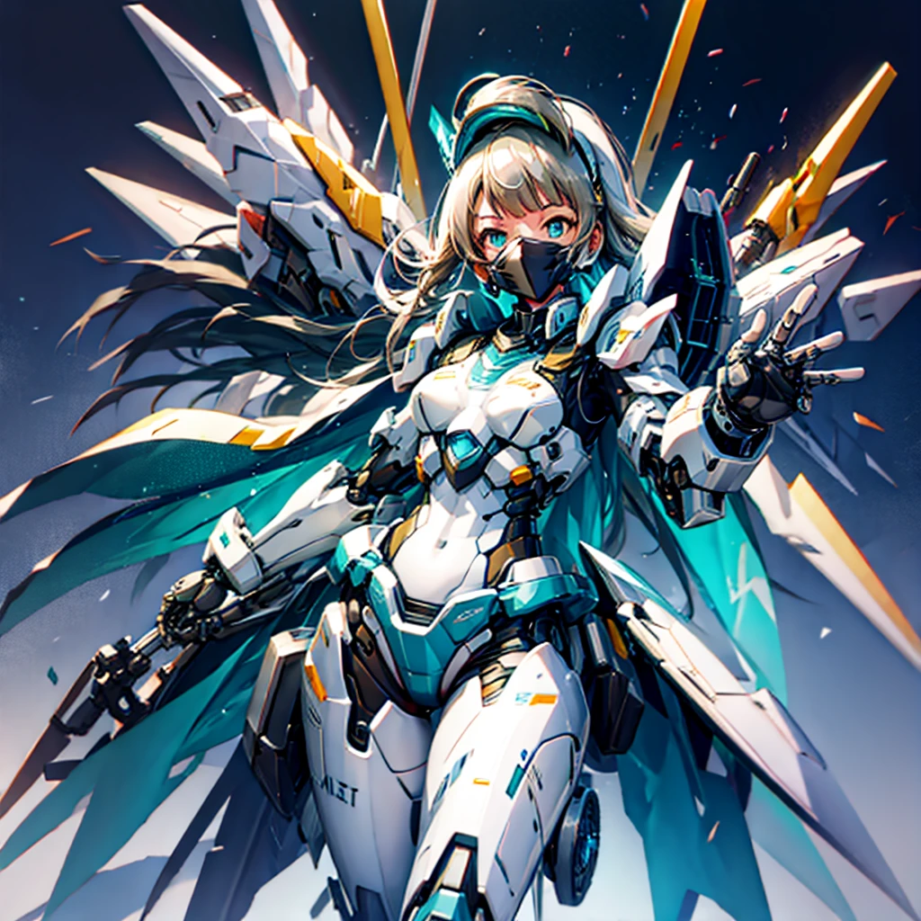 masterpiece, high quality, Cyborgization、Gynoid Cyborg Body、The face is of Minami Kotori.、mechanical parts、Blue and white leotard armor、solo focus、Single image、from front, full body、Mechabare、damage、Precision machinery is exposed all over the body、The armor in the crotch area opens up to reveal the refueling parts.