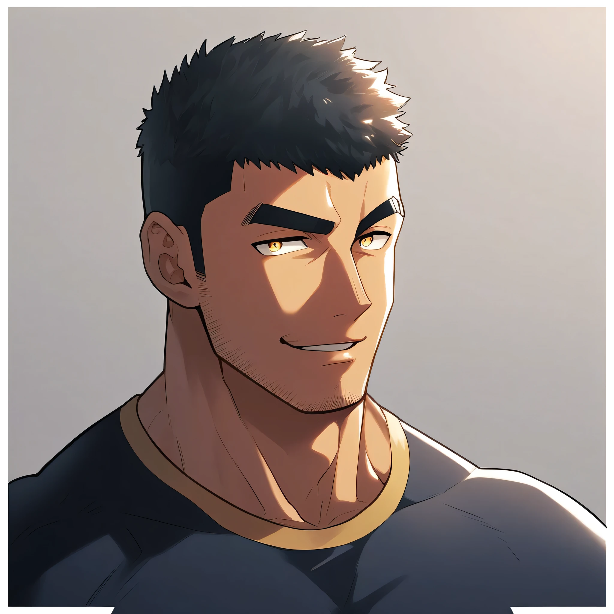 anime characters:Gyee, Young Muscle Sports Student, negro black skin, Buzz Cut, Manliness, male focus, Mike White long sleeve tight T-shirt, Slightly transparent texture, Very tight, Slightly transparent, muscular male, muscular, only, Upper body, alone, Black short hair, Thick eyebrows, stubble, Yellow eyes, Grey background, simple background, amazing quality, best aesthetics, Ridiculous, bright pupils, crew cut, parted lips, seductive smile, torogao, naughty face, best quality