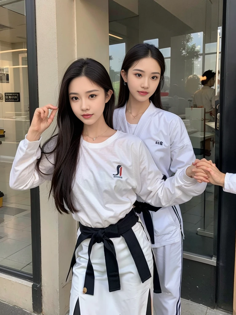 Real picture of a beautiful Indonesian woman, Patarung Silat wearing Taekwondo clothes. jab style. ((holding hands)) cool background with bright peacock wings