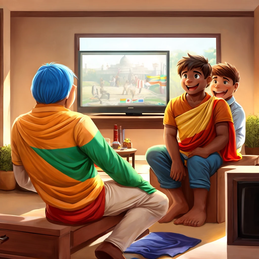 Aap pic of 3 guys which watching TV match in sitting their cheeks have Indian flag drawer and there is a bright up emotions and all are happy and excited 