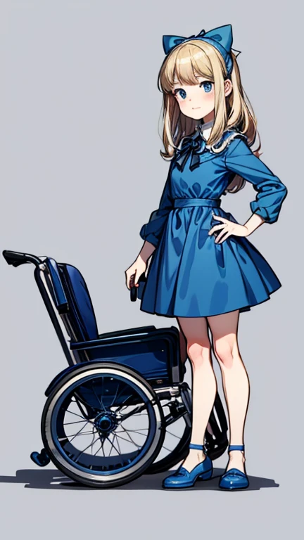 Full body only, ,clara sesemann,by rubio,hair band,Blue eyes,short blue dress,, standing next to wheelchair, On the moon, stand, full body, blue shoes, hands at sides