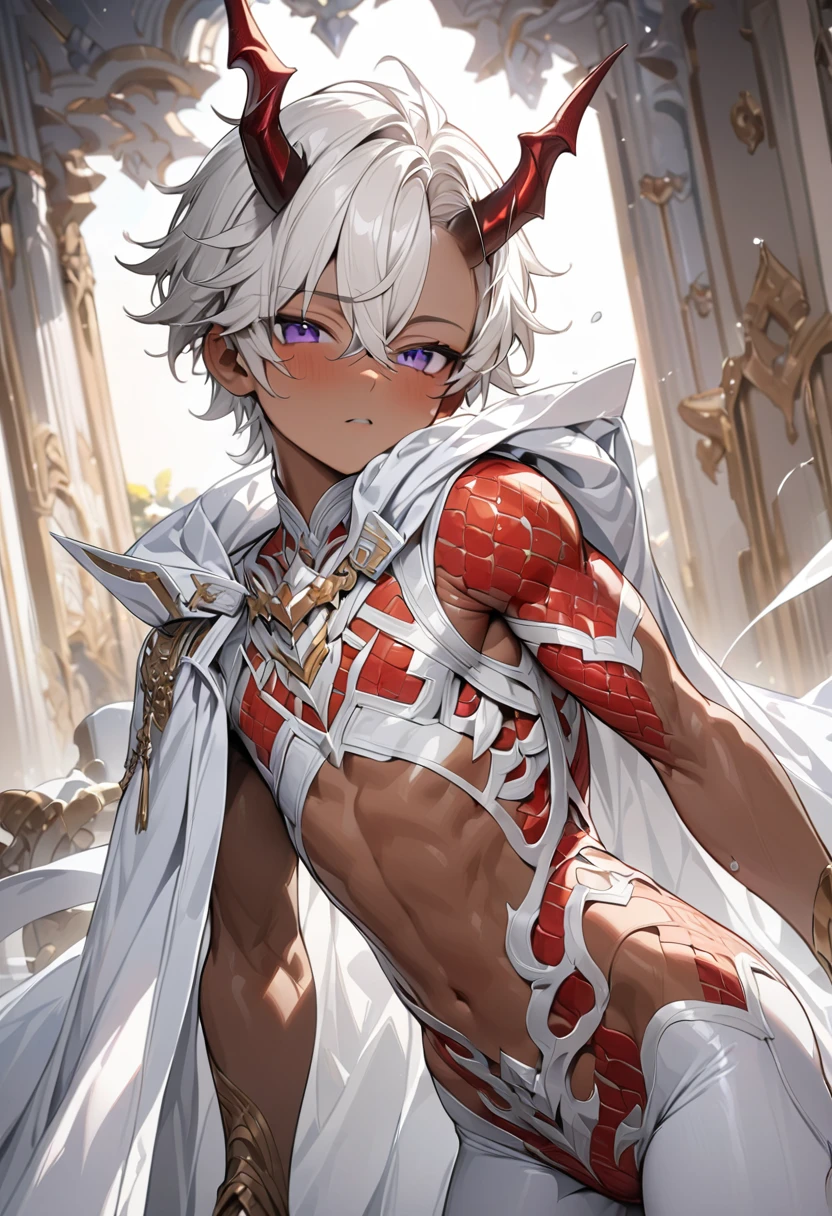 high quality,(best quality,4K,a high resolution,masterpiece:1.2),super detailed,(1 boy),(独奏),juvenile,(Male juvenile),handsome and cute boy,snow-white hair, Red dragon horn, white bodysuit with red pattern，（ Brown skin）, （（Brown skin））,Purple Eyes， buzz hair，Single photo，Small amount of chest muscle，the white temple of light,magnificent palace background,Wearing a white cape behind