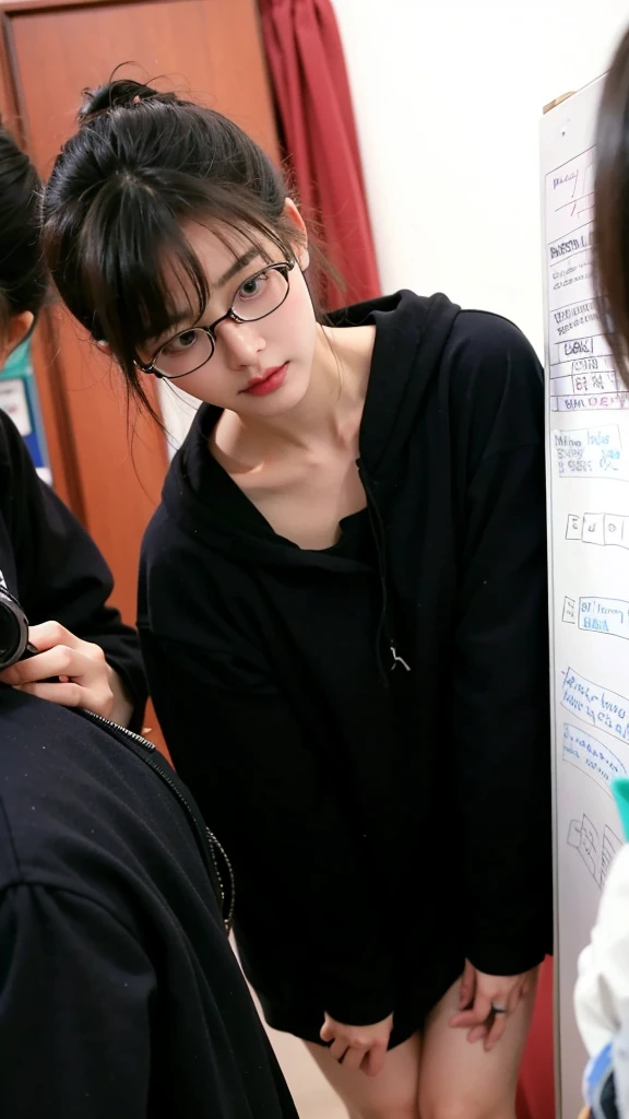 A woman with glasses stands in a room with a whiteboard., Straightforward shoot, photograph ( far _ shoot ), photograph [ far ], Straightforward portrait, Shiho, Kim Hyun Joo, gongbi, Straightforward, Li Zixin, Junki It, Nanae Kawahara, Kazue Kato, student, thinking, Makoto, People in the foreground, complicated!!